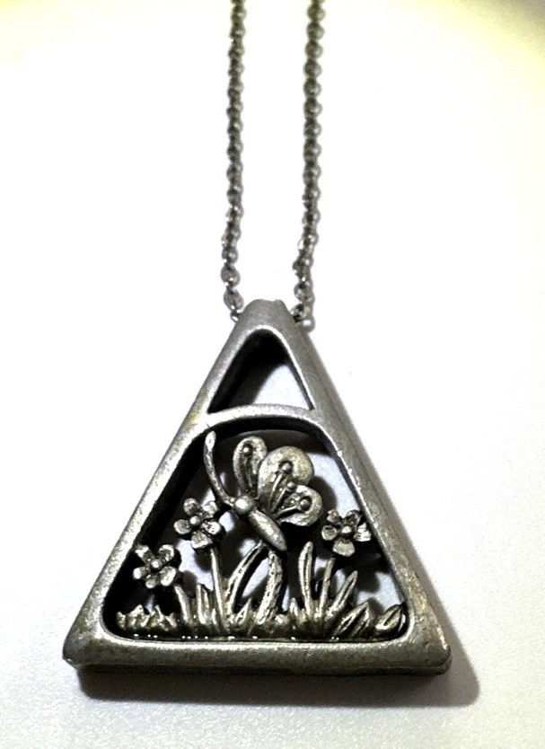 Vintage Medici Pewter Necklace Triangle Butterfly Design Pendant 18″ Chain