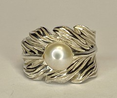 Vintage Large Sterling Silver 925 Leaf 9mm Cultured Pearl Statement Ring SZ 7.5