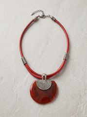 Contemporary Statement Necklace Red Agate Look Pendant Double Cord Silver Tone