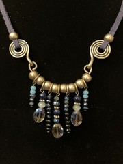 Bohemian Style Necklace Brass Toned Metal, Blue Leather, Drop Beads