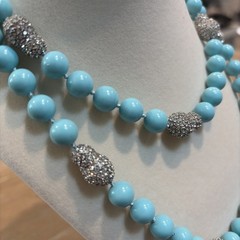 Turquoise Glass Beads w/Rhinestone Beads In Long Knotted Strand Necklace 34”