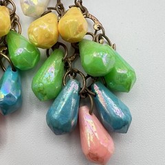 Vintage Earrings Chandelier Dangle Drop Iridescent Beads Clip On Pastels Pink