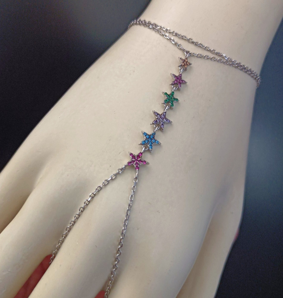 Hand Chain Bracelet Sterling Silver Slave Bracelet Ring Connected Stars Crystals