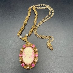 Vintage West Germany Pink Cameo Necklace Exceptional Brass Filigree 1960s