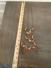 Necklace Earrings Set Orange Red Gold Tone Chunky Chain Layered Gypsy Boho Chic