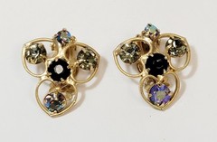 Vintage Black Gray AB Rhinestone 3 Hearts Juliana Clip Earrings