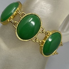 Gold Tone Link Bracelet Green Acrylic Cabochon Wide Fold Over Clasp Retro 6.25″