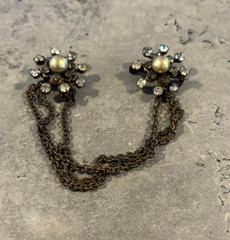 Vintage Double Brooches with Brown Chains- Snowflake with Faux Pearl