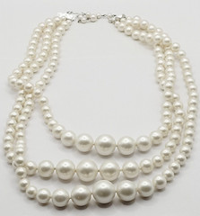 Triple Strand Chunky Simulated Faux Pearl Knotted Necklace Vintage Japan 24 Inch