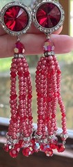 Vintage Super Long Dangle Drop Red Crystal Rivoli Pink Pearl Clip On Earrings