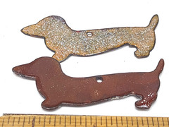Vintage Pair Dachshund Dog Pendants Enamel on Copper Brown Colors Not Identical