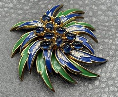 RARE VTG JOMAZ Blue Green Enamel Flower Cabochon Rhinestone Gold Tone Brooch Pin