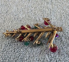 Vintage Hollycraft Christmas Tree Dangle Glass Bead Ornaments Brooch Pin, Signed
