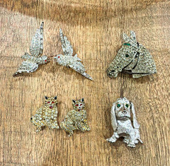 6pc Mixed Lot Animal Rhinestone Pin/Brooch Set Birds Cats Dog Horse Head