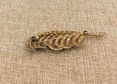 Crystal C-clasp Feather Leaf Pin Brooch VTG Cast Metal Multi Color Antique