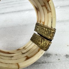 Vintage Bone Inlay Bangle Brass Hinge Bracelet Boho Statement Chunky Ethnic