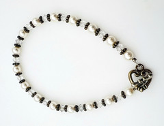 Handcrafted Antique Silver Tone Faux Pearl Crystal Bracelet Heart Toggle Clasp