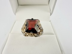 Antique Art Deco Signed Uncas Gold Tone Ring Red Paste Stone Sz5.5 Repair Read