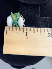 Vintage Rare White And Green Cabochon Clip On Earrings Set In Gold Tone