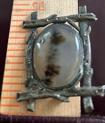 Antique Victorian Framed Etched Rustic Shazar Moss Agate Date 1908 Brooch Silver