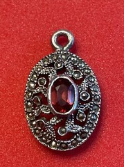 STERLING Silver Marked CW Almandine Garnet AND Marcasite Round Pendant C05