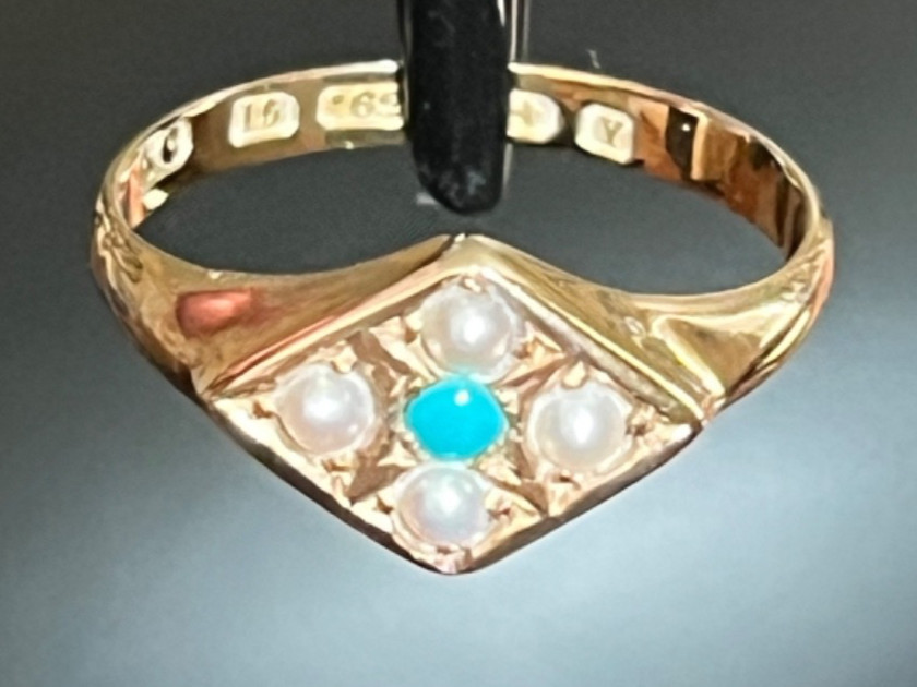 1873 Victorian Turquoise Seed Pearl 15k Gold Ring Birmingham Size 6.5+/- not 14k