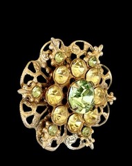Vintage Gold Tone & Yellow Glass + Green Irradiated Glass Floral Brooch~1950s