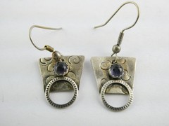 Vintage Sterling Silver Artisan Mixed Metals Iolite Hook Earrings 4.3g 1.25 Inch