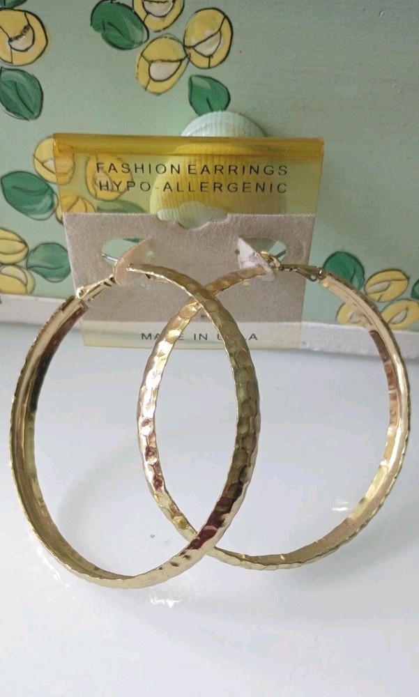 VTG Goldtone Metal Hoop Texture Pierced Earrings Hypo Allergenic Jewelry USA