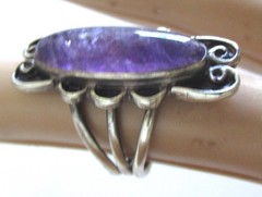 LONG HANDMADE SOUTHWEST SIZE 5.25 STERLING RING w AMETHYST, 7 GRAMS, 1 1/4″ LONG