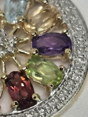 Natural Multi Gemstone Diamond Center Pendant 925 Silver Gold Plated Circle
