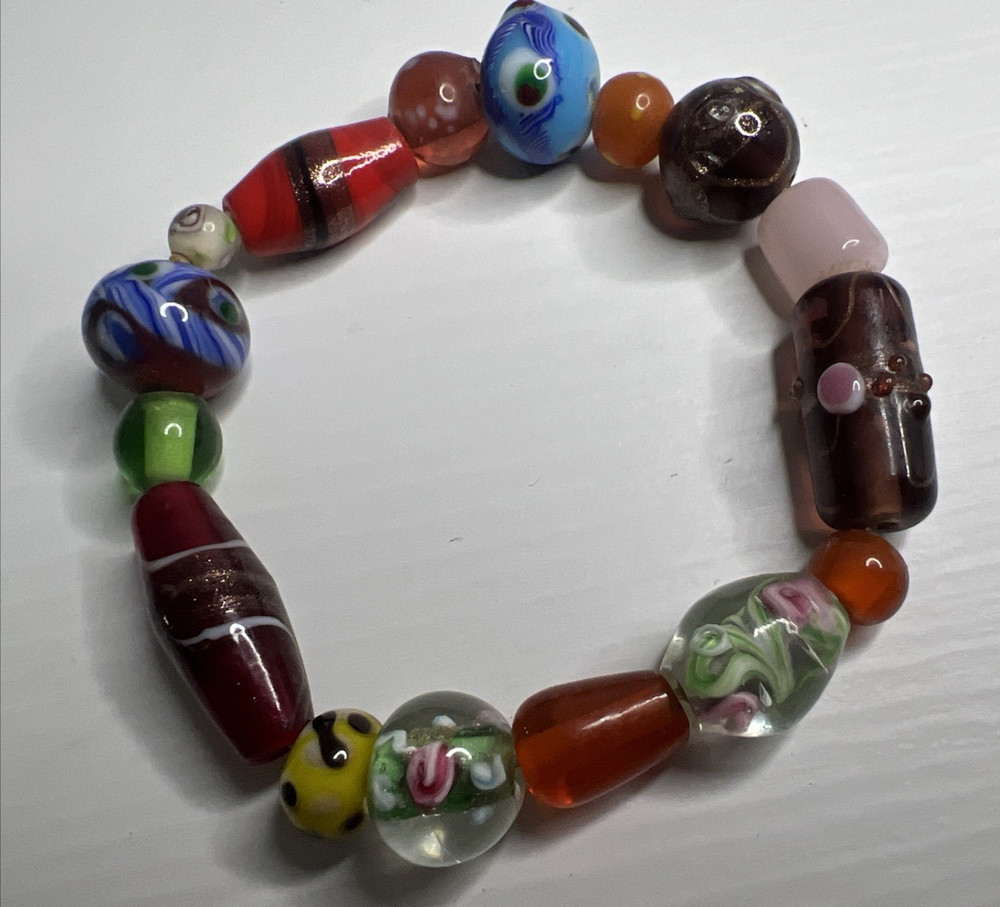 Vintage Art Glass Large Bead Stretchable Multicolored Bracelet
