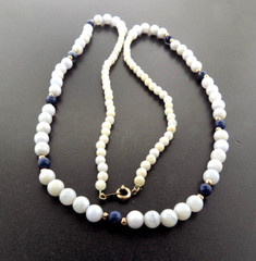 Chalcedony Lace Agate and Lapis Graduated Bead Necklace 26 in Gold filled