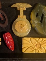 7 Vintage Bakelite Large Carved Pins, etc. Great colors, hand carved!