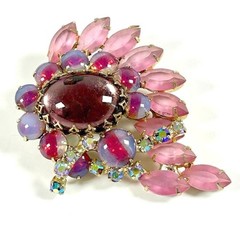 Verified Juliana D&E Brooch Pin Pink Stripe Givre Glass Rhinestone Floral 1960s