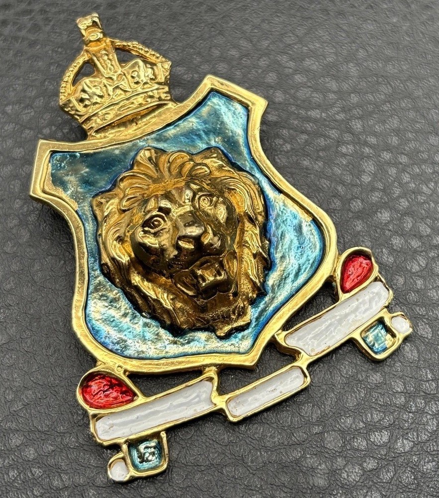 HUGE Accessocraft NYC 80s Vintage Leo Lion Shield Crown Brooch Gold Tone Enamel
