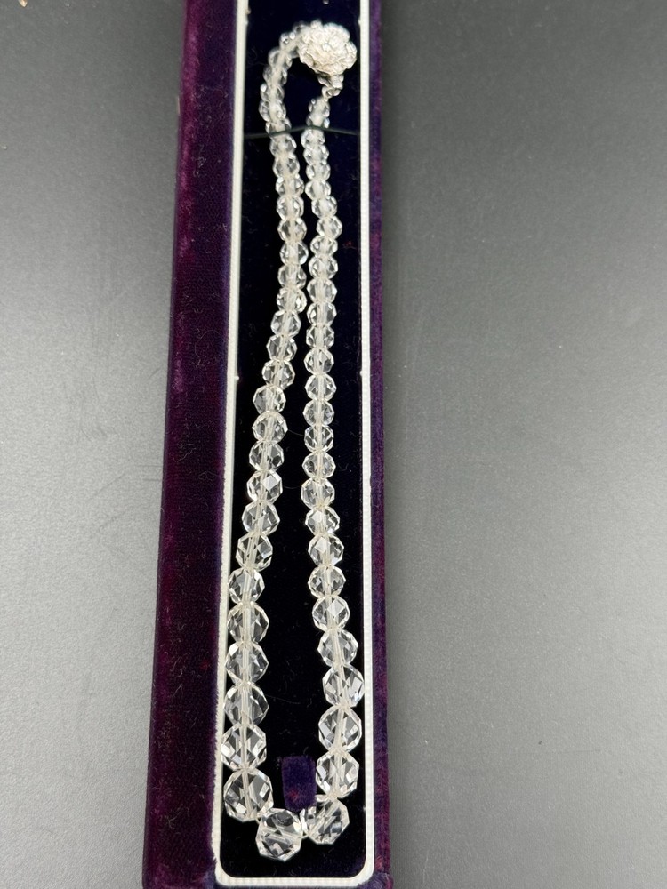 Vintage Maruyama Japan Faceted Rock Crystal Necklace Choker Clear Quartz Box