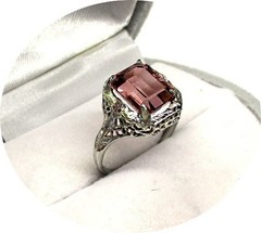 Gorgeous Rosy-Pink TOURMALINE Ring – Art Deco Filigree – 14k Solid White Gold