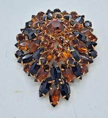 Jet Black & Topaz Orange Rhinestone Domed Brooch Gold Tone D&E? Style 2.25″