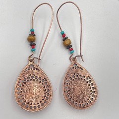 Vintage Copper & Bronze Tone Teardrop Earring Lot 3 Pair Filigree Patina Set