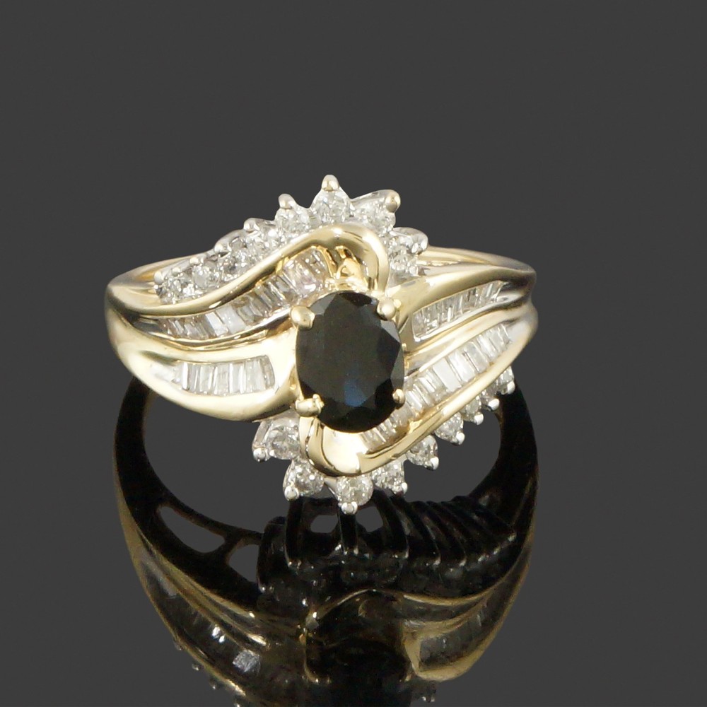 Retro Solid 10K Gold, 1.00 Ct Dark Blue Sapphire & 1.30 CTW Diamond Estate Ring