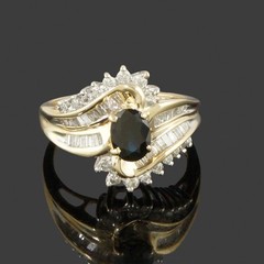 Retro Solid 10K Gold, 1.00 Ct Dark Blue Sapphire & 1.30 CTW Diamond Estate Ring