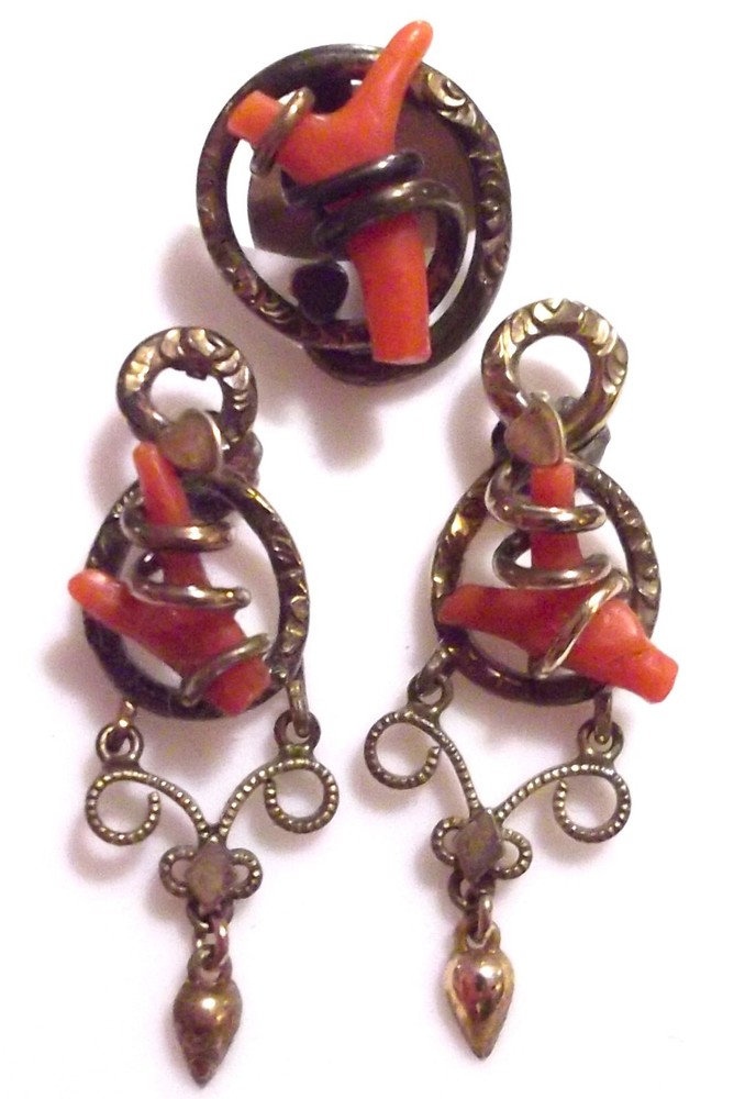 Antique Victorian Lot GF Pierced Branch Coral Dangle Drop Earrings & Shirt Stud