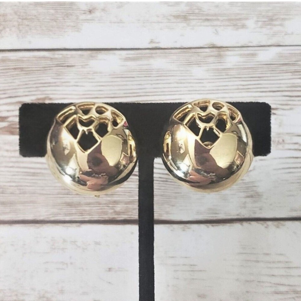 Vintage Clip On Earrings Gold Tone Domed Circle with Cut Out Design