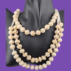 3-TIER COW BONE NECKLACE hand carved old beads on cream colored ribbon boho B5