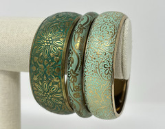 Boho Vintage Style Teal Green Embossed Brass Bangle Bracelet Mixed Set (3) Stack
