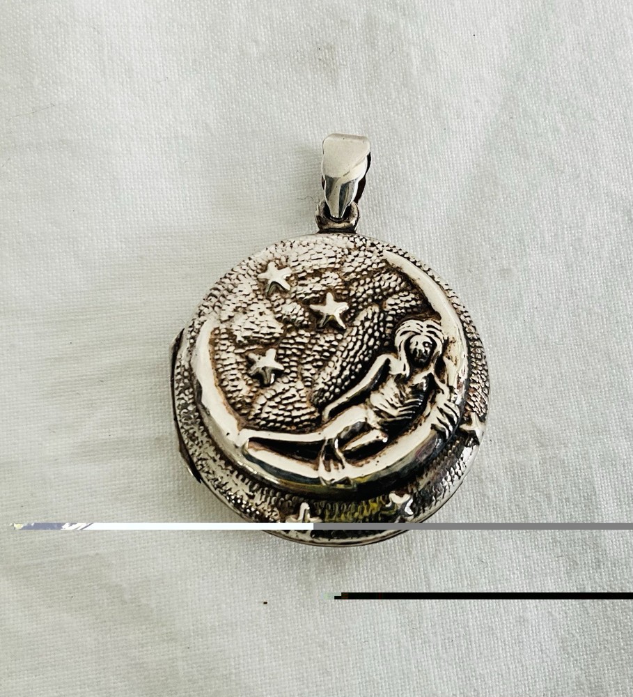 Antique Vintage Sterling Silver Nymph Woman Crescent Moon Art Nouveau Locket
