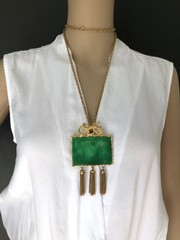 Vintage 1960s Signed HATTIE CARNEGIE Dragon & Faux Jade Tassel Necklace Brooch