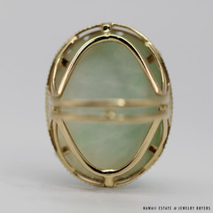 Ming’s Hawaii White and Green Jade Carved Gourd 14K Yellow Gold Ring Size 8