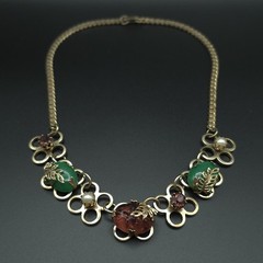 Vintage 1950s MCM Art Glass Floral Necklace Green Pink Cabochon 16.5″